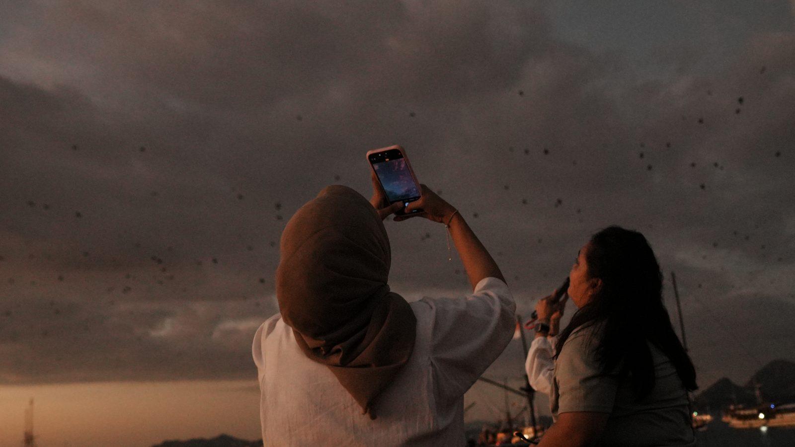 Kalong – Woman photographed as bats fly overhead (Real photo from a Komodo Explorer trip)