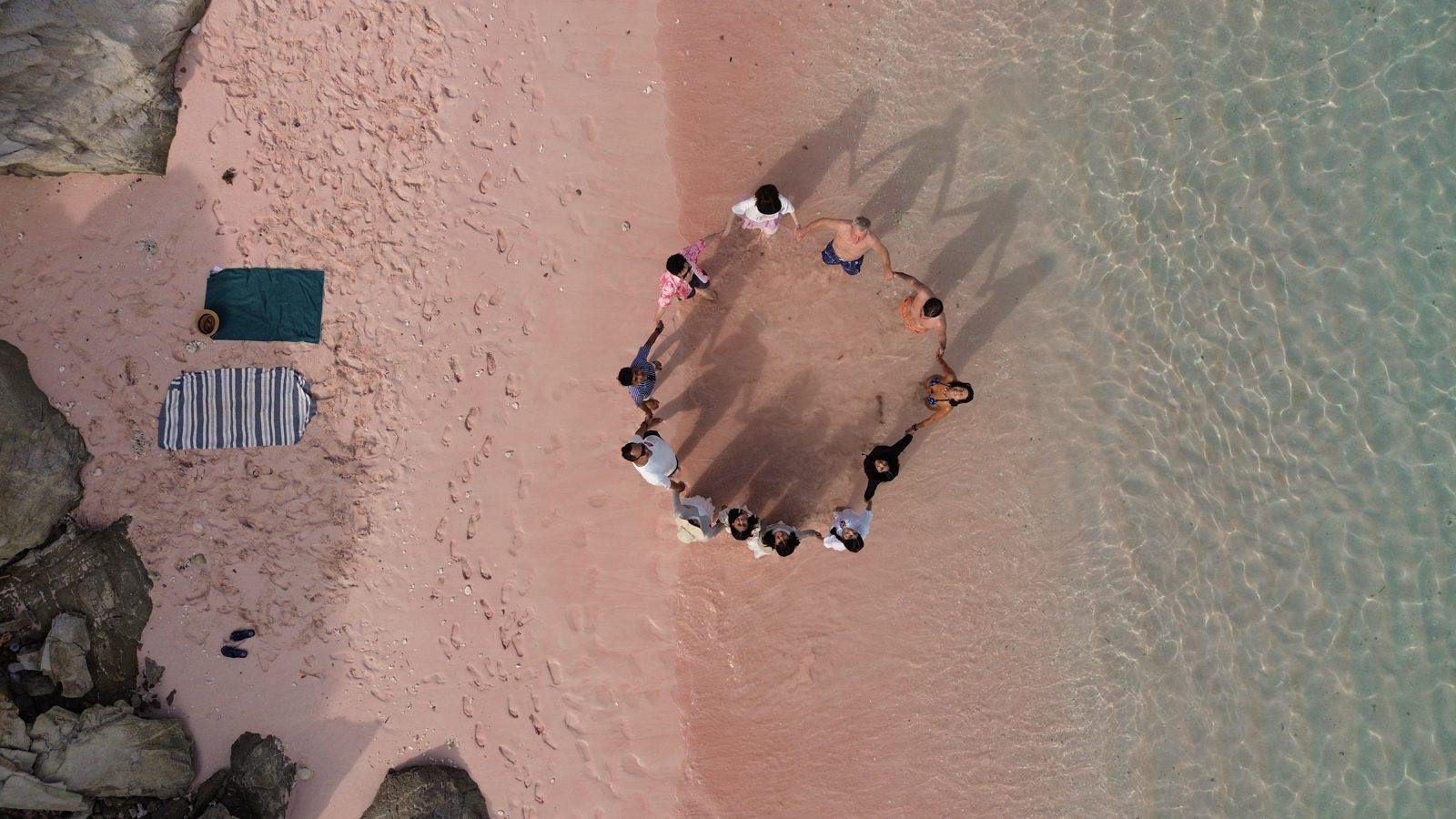 Pink Beach – Aerial group circle, pink sand, turquoise water (Real photo from a Komodo Explorer trip)